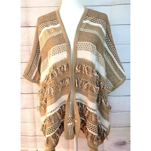 CHICO'S One Size Open Crochet Poncho With Fringe Neutral BOHO Bohemian Natural - Picture 2 of 9